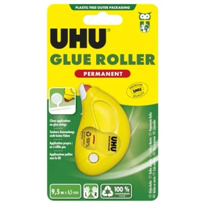 Image de UHU Roller de Colle permanent façon permanente, rapide, propre, précis et instantané, sans solvants, transparent, 9,5 m x 6,5 mm