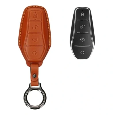 Image de kwmobile Accessoire Clef de Voiture Compatible avec BYD Atto 3 / Han/Tang/Dolphin/Yuan/Seal Coque clé en Cuir véritable Porte clés Marron