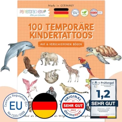 Image de Papierdrachen 100 Tatouages pour enfants particulièrement doux la peau Animaux du monde comme cadeau d&#039;anniversaire 100% végétalien, testé &amp; fabriqué en Allemagne Set 26