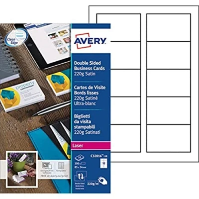 Image de AVERY Pochette de 100 cartes visite à bords lisses imprimables recto/verso, En carte blanche satinée 220g/m², Format 85 x 54 mm, Impression laser, (C32016 10)