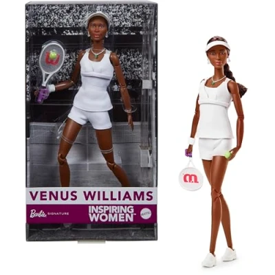 Image de Barbie Poupée Venus Williams Femmes d’Exception dans sa Tenue de Tennis, avec Raquette et Coffret présentation, HRM49