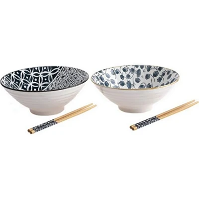 Image de lachineuse Coffret 2 Bols Style Japonais Bleus ⌀ 20,5 cm Format XXL à Riz, Petit Déjeuner &amp; Soupe Motifs Traditionnels Zen Bol Asiatique Asie Cadeau Vaisselle