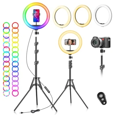 Image de Ring Light avec Trépied Professionnel Selfie 10&quot; Anneau Lumineux 40 RVB Mode 13 Niveaux LED Lampe Trepied Telephone Grand Red sur Pied Lumiere Photo pour Smartphone Video Eclairage