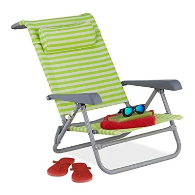 Image de relaxdays 10035905 Chaise Longue Pliante, 8 Niveaux réglables, transat de Plage avec Repose tête, accoudoirs, Vert/Blanc, 50% Acier 40% Polyester 10% Plastique, Multicolore, 1 élément