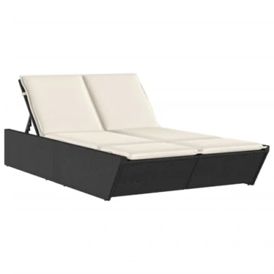 Image de vidaXL chaise longue double avec coussins noir résine tressée, lit de bronzage, inclinable, jour 368179