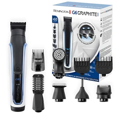 Image de Remington PG6000 Tondeuse Multifonction Graphite Series, Lâmes Auto Affutées, 4 Têtes Interchangeables, Guides de Coupe, Etanche