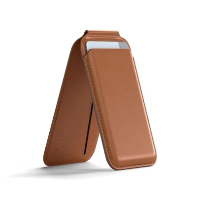 Image de Satechi Portefeuille MagSafe et Support Double Volet 4 Emplacements pour Cartes, NFC Pass Through Tous Les modèles de la série iPhone 16/15/14/13/12 Cuir Végétalien, Marron