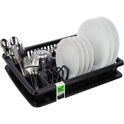 Image de KADAX Égouttoir à Vaisselle en Plastique, Support avec Panier Couverts et Bac de Récupération d&#039;eau pour Assiettes, Verres Couvercles (Anthracite)
