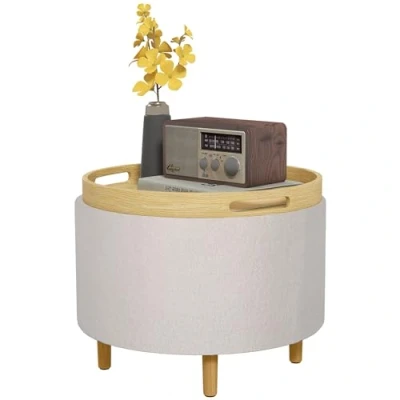 Image de HOMCOM Pouf Ottomane avec espace de rangement rond rembourré couvercle rabattable, pieds en bois, moderne, pour salon, chambre à coucher, blanc, Ø56 x 42 cm