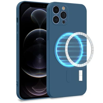 Image de MyGadget Coque Silicone [ Compatible avec MagSafe ] Apple iPhone 12 Pro Case TPU Souple &amp; Soft Doublure Microfibre Cover Protection Bleu Foncé