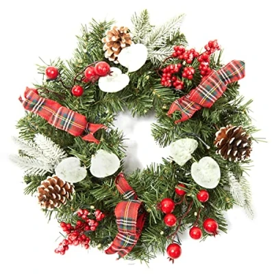Image de Couronne de Noël avec lumières 45 cm, 15 LED, Artificielle pour Porte d&#039;entrée, d&#039;aiguilles pin Boules Noël, Pommes pin, Baies forêt
