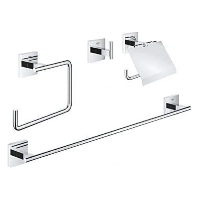 Image de GROHE Start Cube Set d&#039;Accessoires 4 en 1 (Patère Murale, Anneau Porte Serviette, Dérouleur de Papier Mural et Barre Serviettes), A Coller avec QuickGlue ou à Visser, Chromé, 41115000