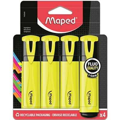 Image de Maped Surligneurs Fluo’Peps Classic Longue Durée pour Usage Scolaire et Professionnel Pack Carton de 4 Jaune Fluo