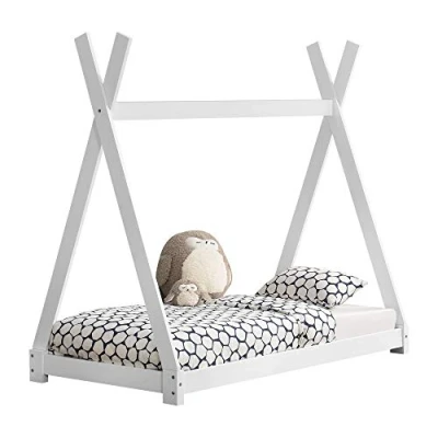 Image de Lit de Tipi pour Enfant en Bois Naturel avec Sommier à Lattes Blanc Mat 160 x 80 cm