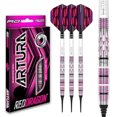 Image de RED DRAGON Artura Shocking Pink Jeu de fléchettes en tungstène Softip Premium 18 grammes avec ailettes et tiges