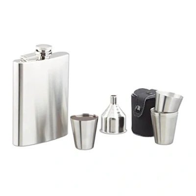 Image de Relaxdays Set flasque en inox 7 pièces avec 200 ml entonnoir et verre doseur festival camping, argenté