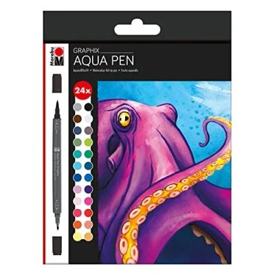 Image de Marabu 014500000106 Aqua Pen Graphix, Octopy, encre brillante à base d&#039;eau, double pointe, aquarellable sur papier aquarelle, 24 couleurs, lot de