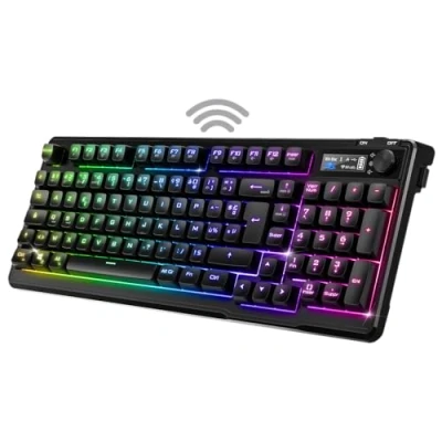 Image de Spirit of Gamer Elite K60, Clavier Semi Mécanique Sans Fil et Bluetooth Rechargeable, Autonomie 360h, Connexion 2.4 GHZ, Ecran LCD, 15 Effets Rétroéclairage RGB, 19 Touches Anti Ghisting, Noir