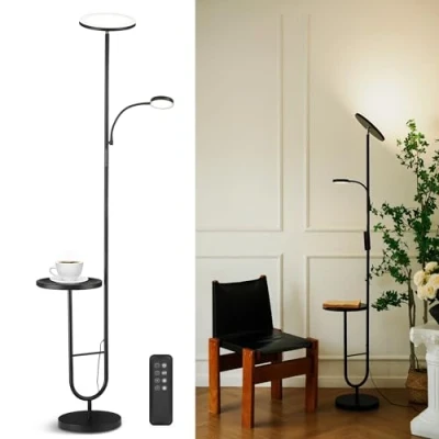 Image de LuminexDesigns Lampadaire LED avec Tablette, 36W+7W Dimmerable 3200LM+600LM Télécommande, Tête Rotative 350, 2700K 6500K, Moderne Salon Noir