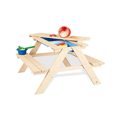 Image de Pinolino Ensemble de Table et bancs &#039;Matsch Nicki pour 4&#039;, Naturel; Massif : Bois conifère, Non traité, 2 avec 1 Table, bacs en Plastique, Enfants à partir Ans