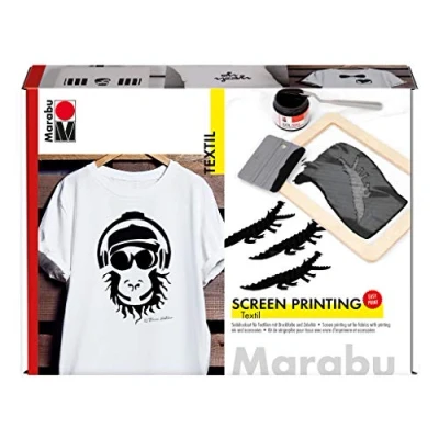 Image de Marabu 170300000082 Kit d&#039;impression textile pour textiles clairs et foncés avec 100 ml d&#039;encre en noir, un cadre de passoire, une raclette couteau à peinture