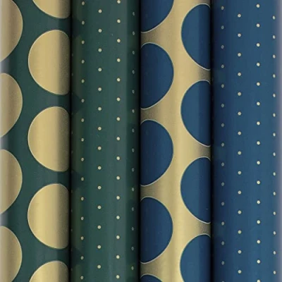 Image de Clairefontaine 202053AMZC Un Carton De 10 Rouleaux Papier Cadeau Excellia 80g Dimensions : 5x0,70m Motif Pois, Bleu, Vert, Or Emballage