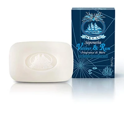 Image de Helan, Vetiver &amp; Rum Savon Main et Corps Solide, Nettoyant Parfumé pour Peau Douce Hygiénisée Savonette Naturelle Délicate Enrichie en Huile Amande Douce, 100 gr Made in Italy