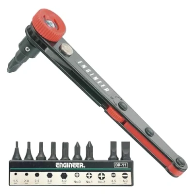 Image de Tournevis à cliquet compact angle droit 90 degrés + embouts assortis, s&#039;adapte aux endroits restreints et confinés. ENGINEER dr 06