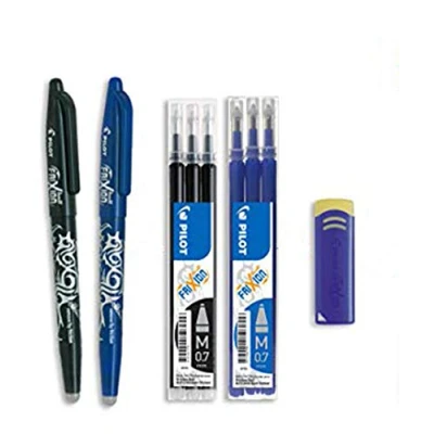 Image de PILOT Lot de 2 Frixion Ball + sets 3 recharges 1 gomme Stylo effaçable à encre thermosensible roller rechargeable fabriqué partir plastique recyclé Noir Pointe moyenne