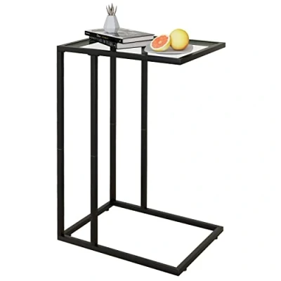 Image de Huhote table d&#039;appoint en forme de C, verre pour canapé, canapé avec cadre métal, salon, chambre à coucher, chevet, noir