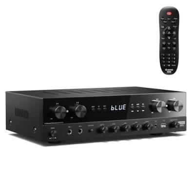 Image de Donner Amplificateur Audio, Ampli HiFi 1000 W de Puissance Maximale 4 Canaux avec Bluetooth 5.0, USB, FM, 2 Entrées Micro, RCA, Fibre/Coaxial pour Haut parleurs Domestiques, Karaoké