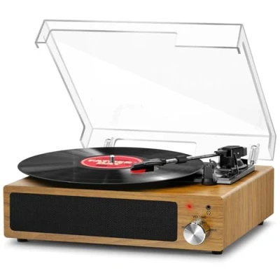Image de FYDEE Platine Vinyle Bluetooth Portable à 3 Vitesses 33/45/78 TR/Min, Tourne Disque Vintage avec 2 StéréoEnceinte Intégrée, Prise 3.5mm, Sortie RCA, Entrée AUX Bois Naturel