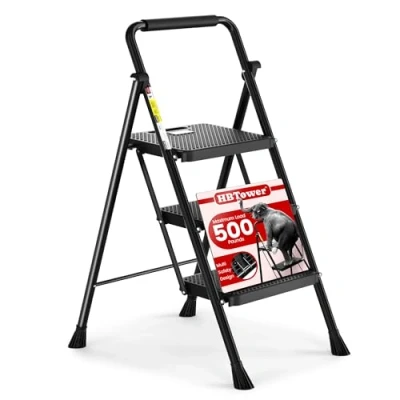 Image de HBTower Escabeau à 3 Marches, Tabouret Pliant avec Large Pédale Antidérapante, Échelle Stable en Acier, Poignée Confortable, Acier Léger et Portable, Noir