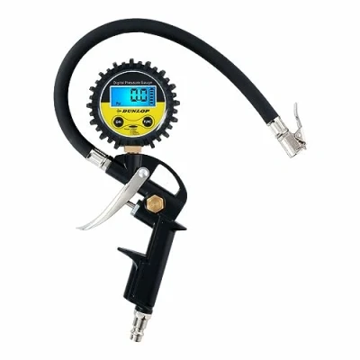 Image de Dunlop Manomètre Numérique pour Pneus Mesure PSI/BAR/KPA/KG Fonctionne sur Piles Tuyau d&#039;air de 30 cm Convient à la Plupart des Compresseurs Voiture, Vélo, Moto et Camion Noir
