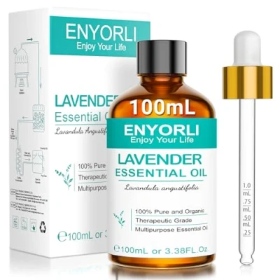 Image de ENYORLI Huile Essentielle de Lavande 100% Pure et Naturelle Aromathérapie, Diffuseur, Massage, Sommeil Flacon en Verre Ambré 100mL(3.18 fl oz) avec Pipette