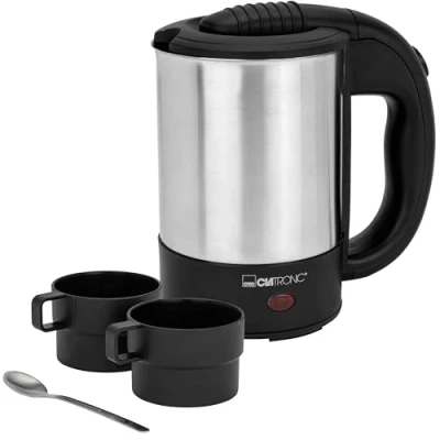 Image de Bouilloire electriques électrique en Acier de Voyage, inox/noir WKR 3624 Clatronic inclus Jeu 2 tasses 170 ml et cuillère