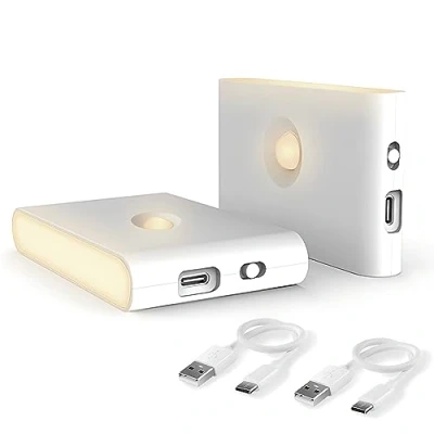 Image de Puhui avec détecteur de mouvement, Rechargeable USB Veilleuse enfants 3 modes (Auto/ON/OFF), 2700K Blanc chaud pour chambre,escalier, salle bain, placard, couloir [2 pièces] (A)