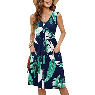 Image de MOLERANI Robe de Plage d&#039;été décontractée pour Femme avec Poche (Bleu imprimé, L Size)