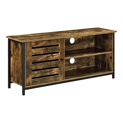 Image de Meuble TV Design Support Télé Banc avec Compartiment à Porte Persienne et 2 Étagères Panneau de Particules Pieds en Fer 49 x 110 30 cm Effet Bois Foncé
