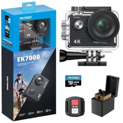 Image de AKASO EK7000 Caméra Sport 4k 20MP WiFi avec Carte Mémoire microSDXC 128 Go, Action Camera Étanche jusqu&#039;à 30M Stabilisation 4x ZOOM Grand Angle 170 Télécommande 2.4G, Qualité d&#039;image Ultra HD