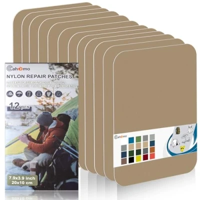 Image de Patch en nylon autocollant, Cahomo 12 Pièces 20X10 cm de réparation imperméable tissu autocollant reparation, pour veste, tentes, doudoune, sac couchage, sacs à dos Kaki