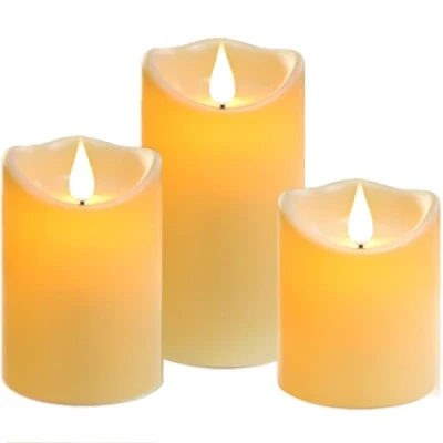 Image de bougie LED, extérieure imperméable à l’eau, LED clignotante, alimentée par batterie avec télécommande et minuterie, plastique blanc ivoire, 10cm, 12.5cm, 15cm 3pcs