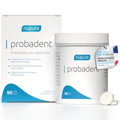 Image de Nupure® Probadent pastilles à sucer contre la mauvaise haleine avec cultures de bactéries pour flore buccale 5 μg vitamine D, goût citron, hygiène sans bain bouche, 90 gélules