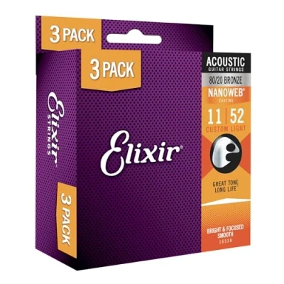 Image de Elixir Strings, acoustique, en Bronze 80/20 avec revêtement NANOWEB. un son brillant, net et précis, une longévité sonore inégalée toucher agréable Pack de 3 jeux, Custom Light 11 52