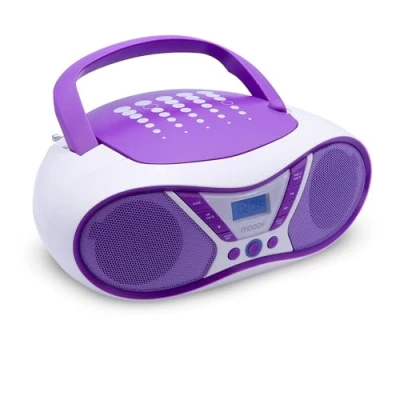 Image de MOOOV Pop Purple, Lecteur CD Portable, Lecture R/CD RW/CD MP3, Radio FM, Port USB, Son Stéréo 6W, Poignée Ergonomique, Fonctionne sur Secteur ou Piles 477404