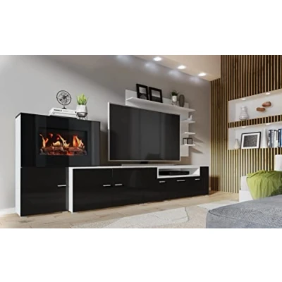 Image de Skraut Home Meuble de Salon avec cheminée électrique à 5 Niveaux Flamme, Finition Blanc Mate et Noir laqué, mesures : 290 x 170 45 cm Profondeur.