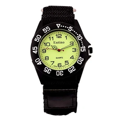 Image de Entino Montre Unisexe Visage Lumineux Crochet et Boucle de Fixation des Sports Analogique Afficher Le Mouvement à Quartz avec Sangle en Nylon Riptape E NTS (Noir)