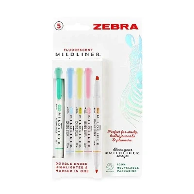 Image de Zebra Pen Mildliner Double Ended Highlighter, Broad and Fine Point Tips, Assorted Fluorescent Ink Colors, 5 Pack