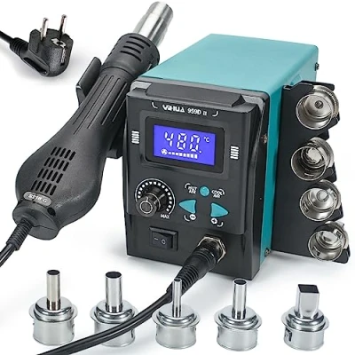 Image de YIHUA 959D II station de soudage à air chaud pour soudure et dessoudage SMD avec écran LCD, embouts changement rapide, auto start/stop, température volume d&#039;air réglable (EU plug)