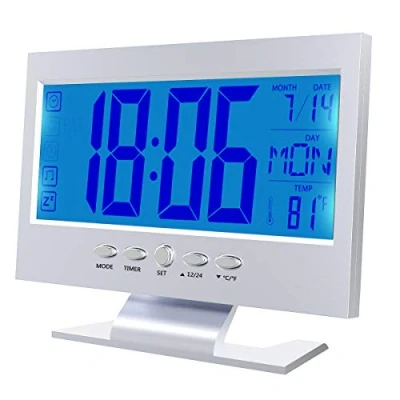 Image de Nicoone Réveil numérique à LED, calendrier de répétition, affichage la température, horloge activée par le son, 2 piles AAA (non incluses) Argent